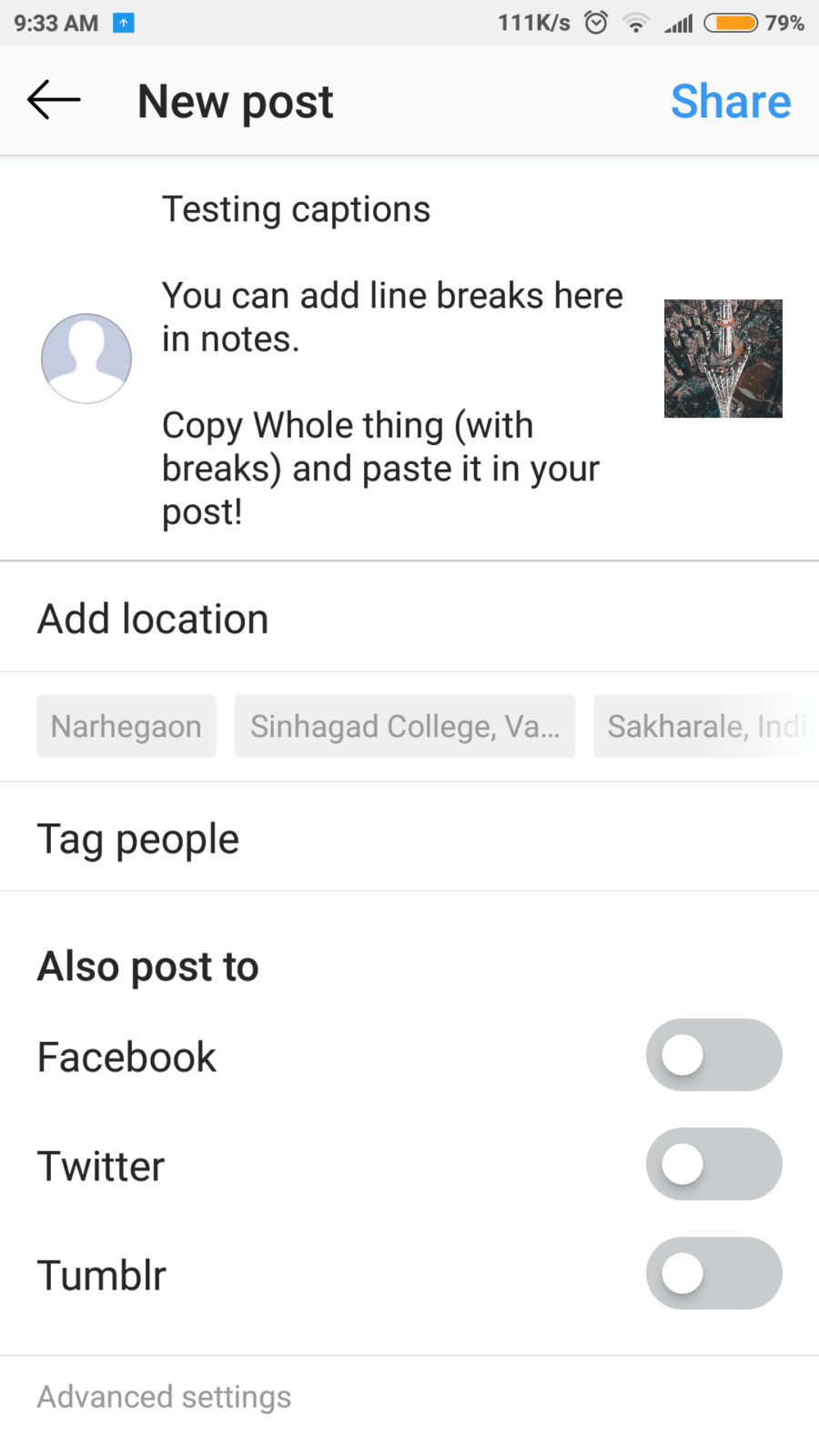  Line breaks on Instagram via Notes